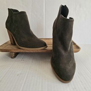 Joie Olive Green Ankle Boot Size 8.5 Faux Suede Block Heel Zipper Cutouts